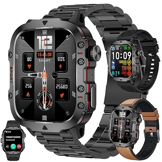AMOLED Smart Watch for Men (Make/Answer Call), 2024 New Mens Smartwatches, Hands-Free Calling, Fitness Tracker Smartwatch for Android iPhones, Digital Watches Step Counter, 3 Straps (Brown)